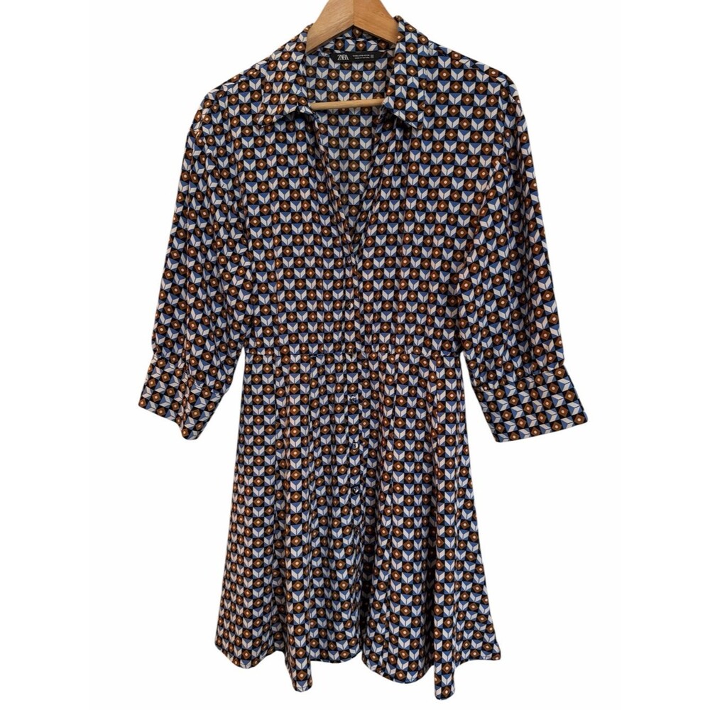 Zara Blue Brown Geometric Print Collared V Neck Button 3/4 Slv Dress Sz S Preppy